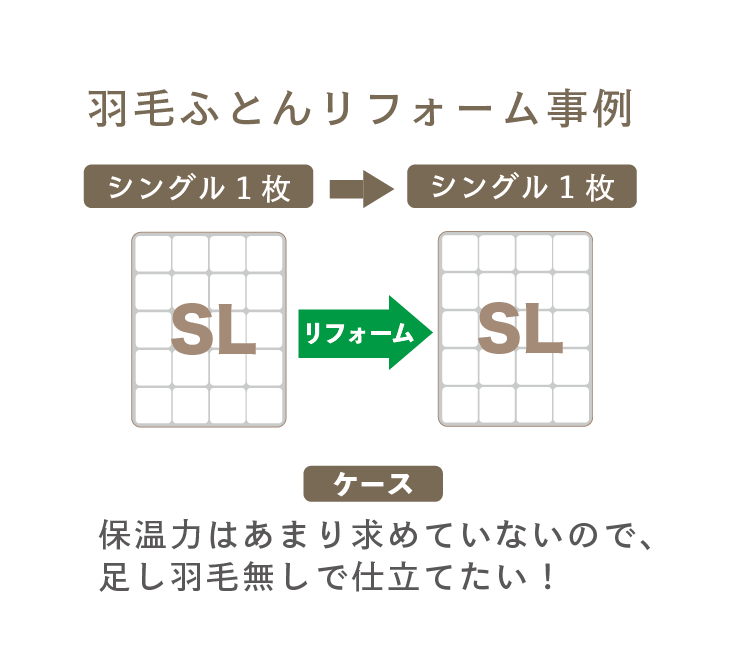 【事例】羽毛ふとんリフォーム【シングル1枚 → シングル1枚】【足し羽毛無し】